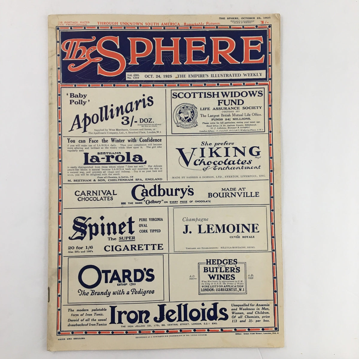 The Sphere Newspaper October 24 1925 showcasing the publication's front cover with advertisements. The image reflects the vintage style of early 20th-century newspapers, providing a glimpse into the historical context.