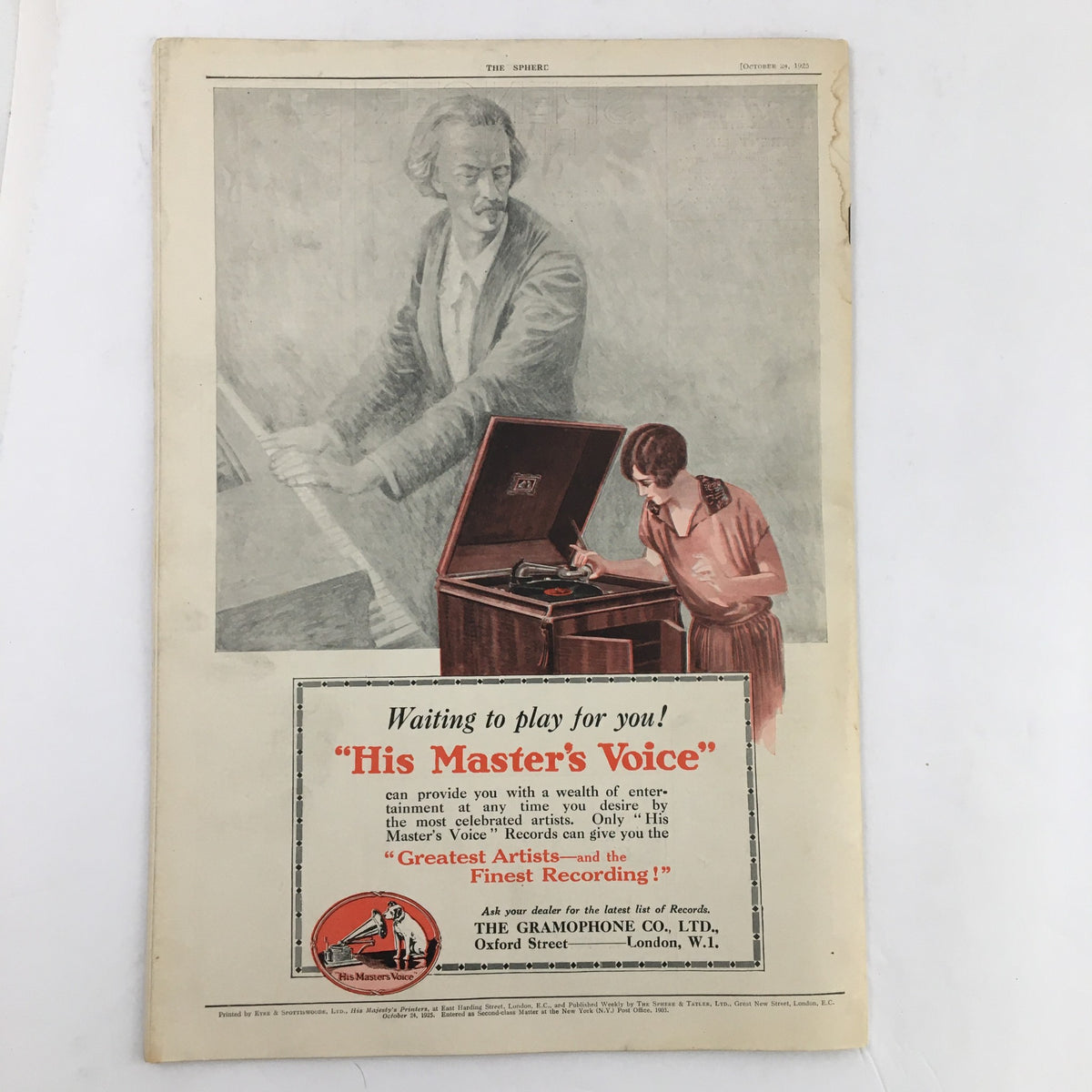 The Sphere Newspaper October 24 1925 featuring an advertisement for 'His Master's Voice' with a drawing of a musician and gramophone.