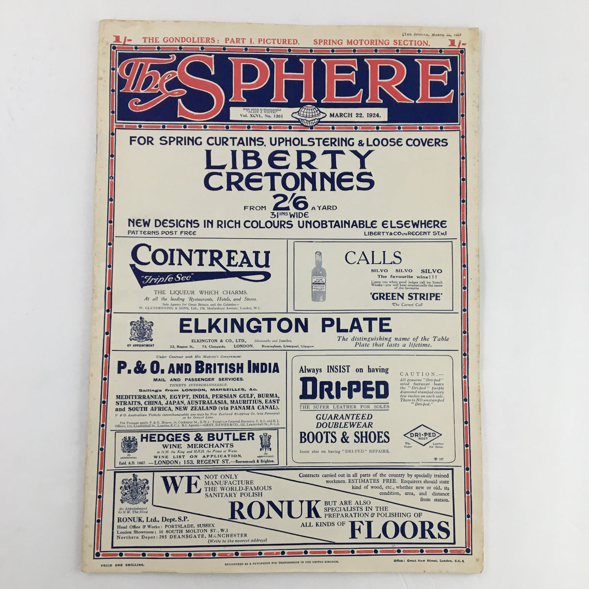 The Sphere Newspaper March 22 1924 front page displaying advertisements and articles, highlighting Liberty Cretones and other featured products.