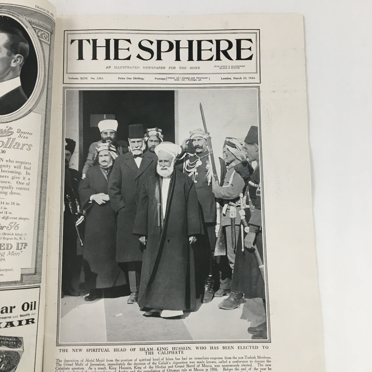 The Sphere Newspaper March 22 1924 featuring The New Spiritual Head of Islam King Hussein, showcasing a historical photograph of King Hussein with officials.