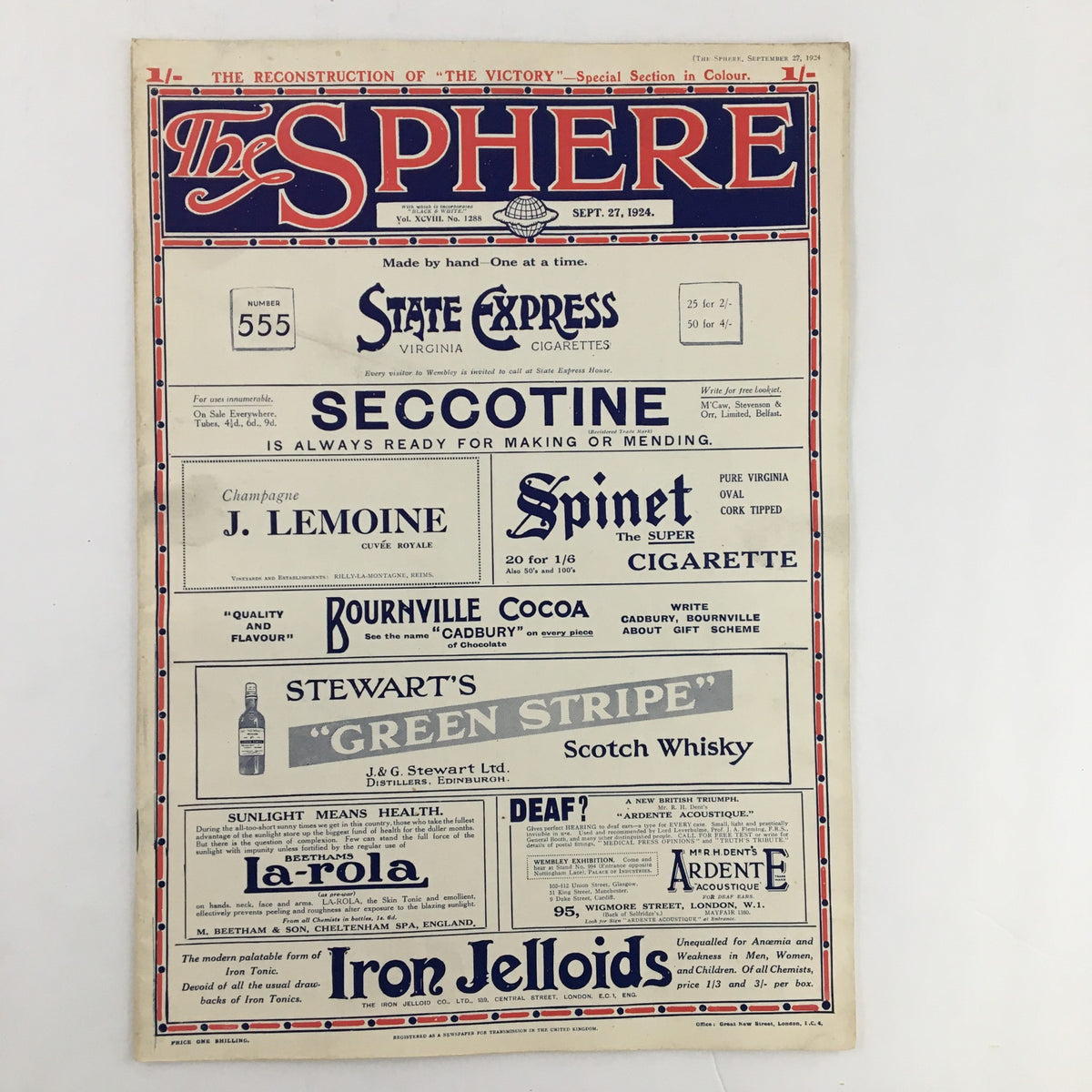 The Sphere Newspaper September 27 1924, featuring a vintage newspaper cover showcasing advertisements and a striking title layout.