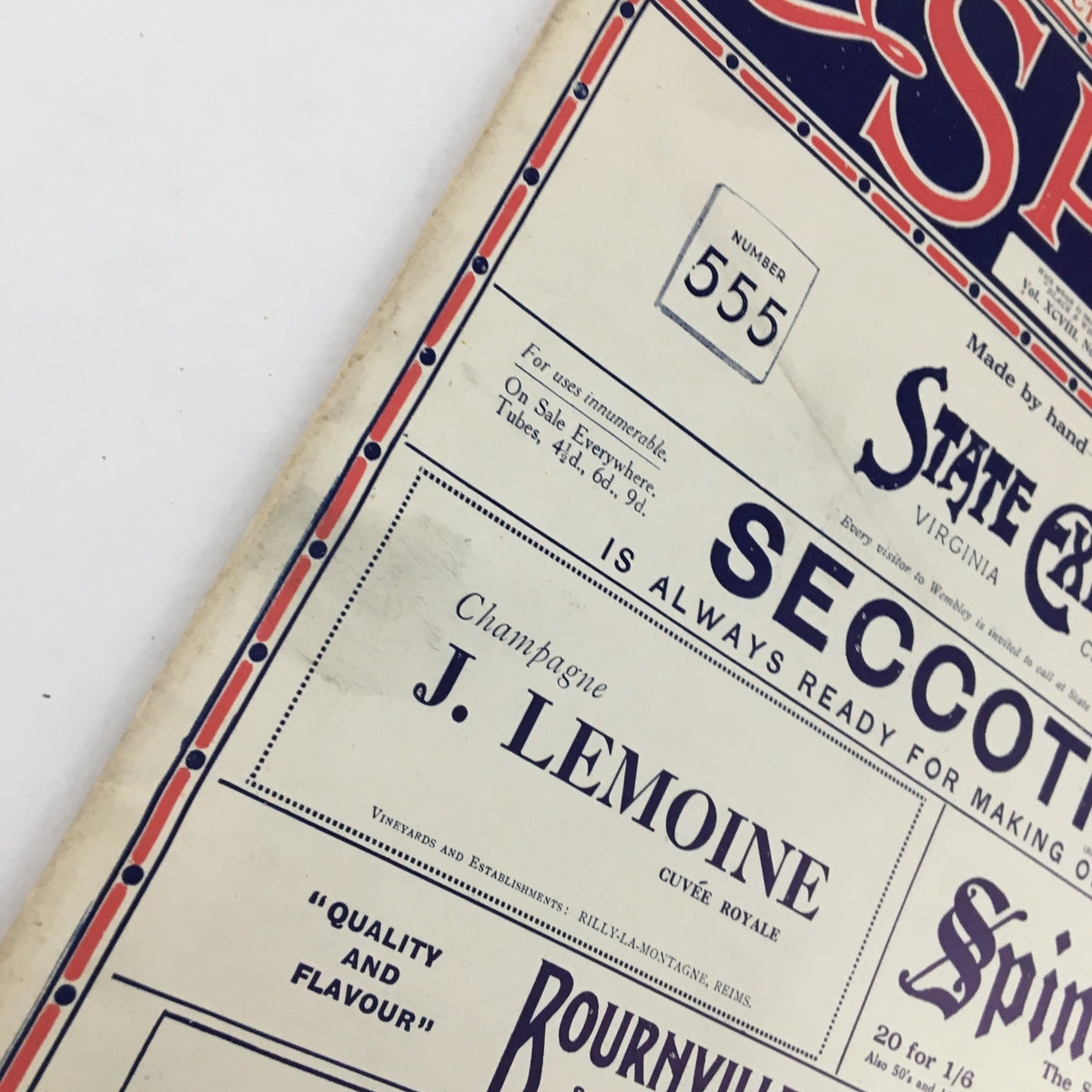 Detail view of The Sphere Newspaper September 27 1924, focusing on advertisements for J. Lemoine champagne and other products.
