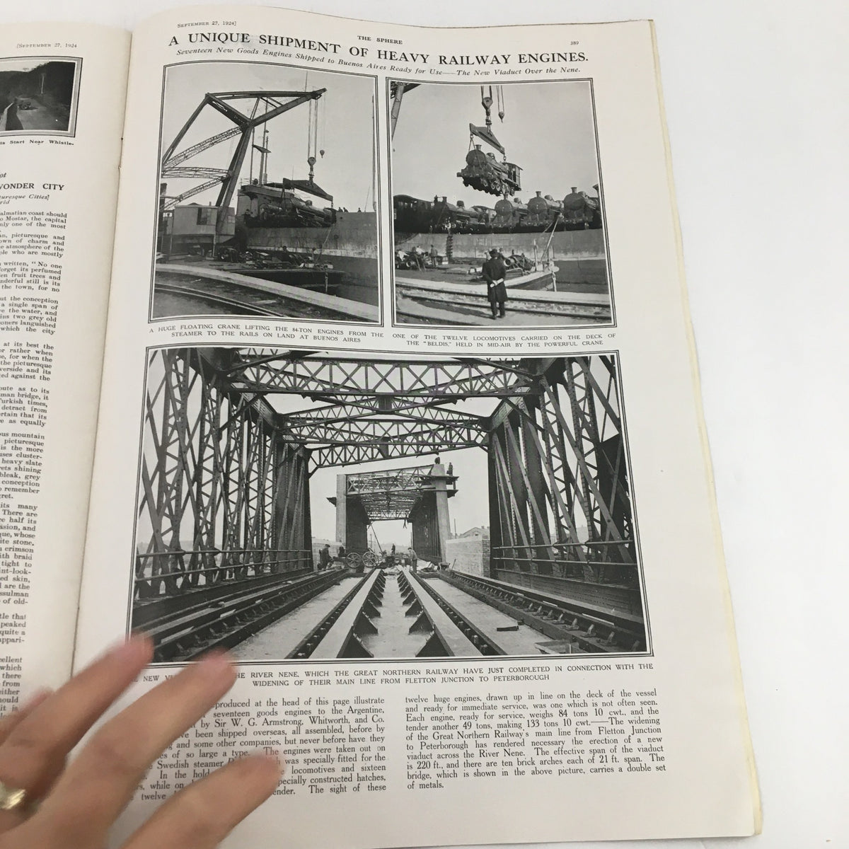 Interior page of The Sphere Newspaper September 27 1924, showcasing images of heavy railway engines and their transportation.