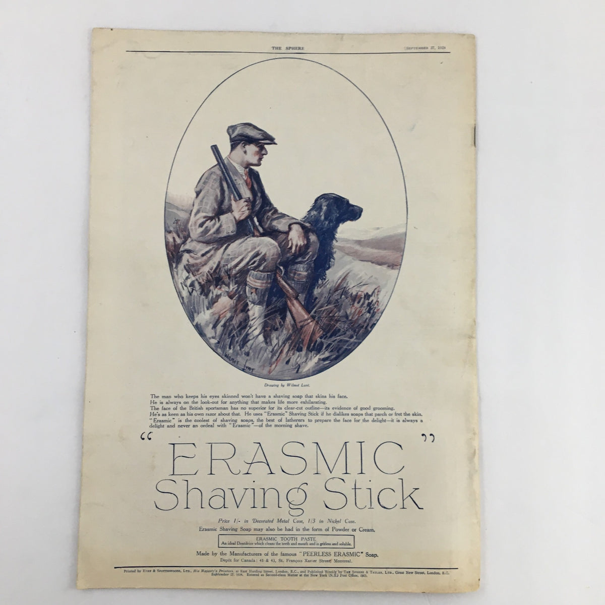 The Sphere Newspaper September 27 1924 featuring an illustration of a hunter and his dog, highlighting historical imagery from a vintage publication.