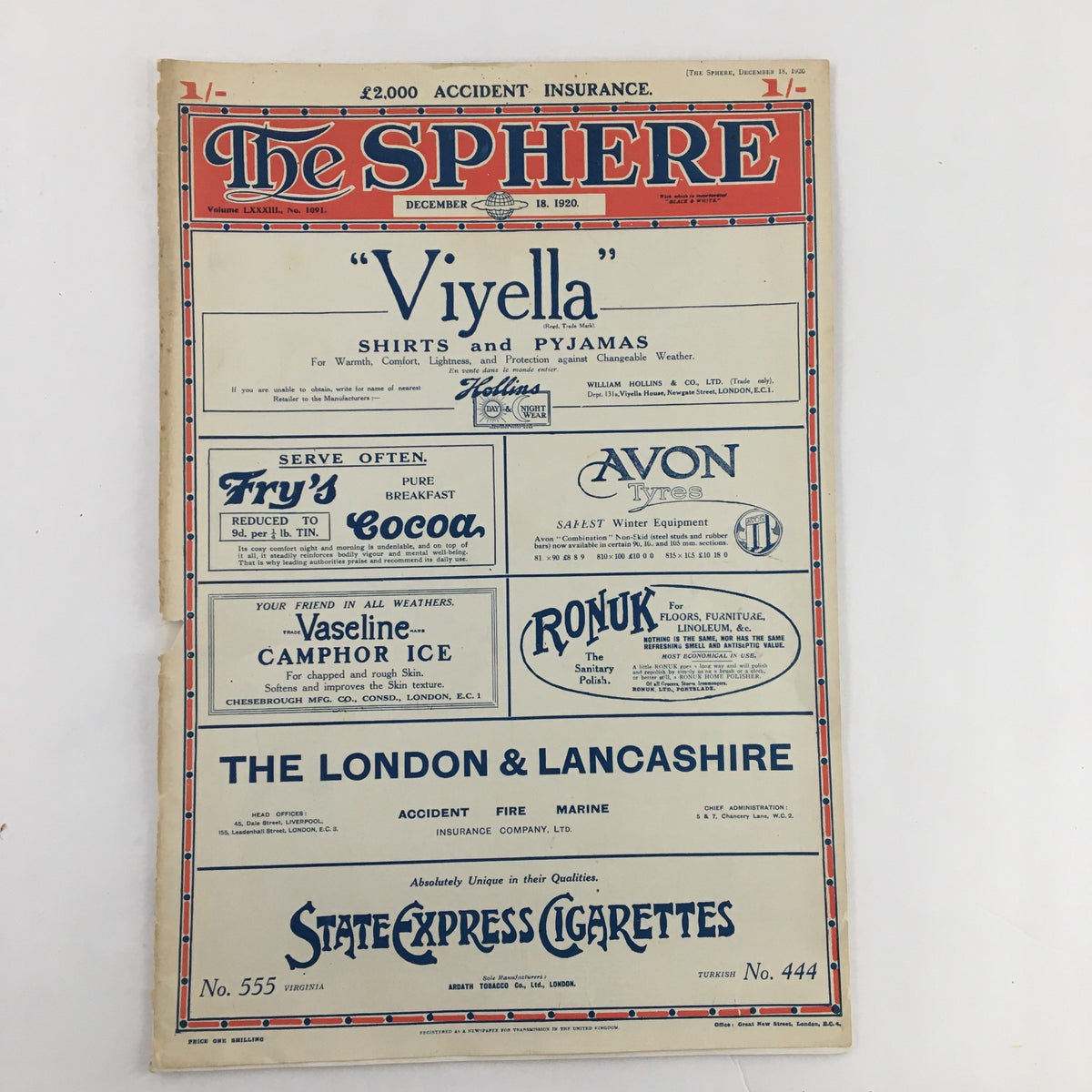 The Sphere Newspaper December 18 1920 front page showing advertisements for various products like 'Viyella' and 'Fry's Cocoa'.