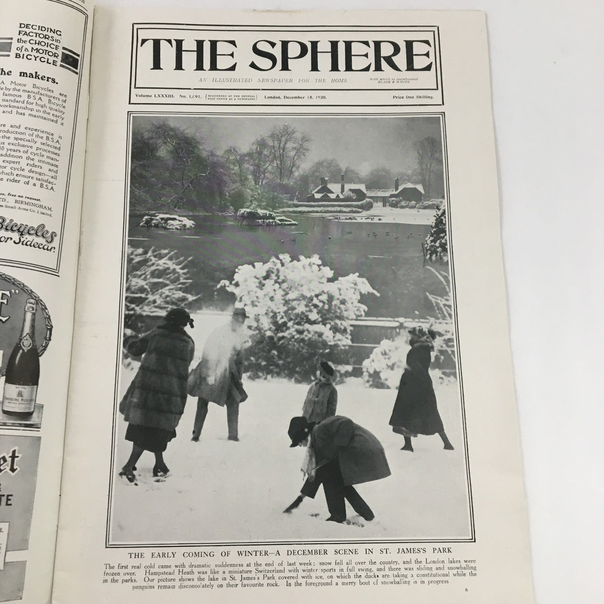 The Sphere Newspaper December 18 1920 cover featuring a winter scene in St. James Park, illustrating people walking in the snow.