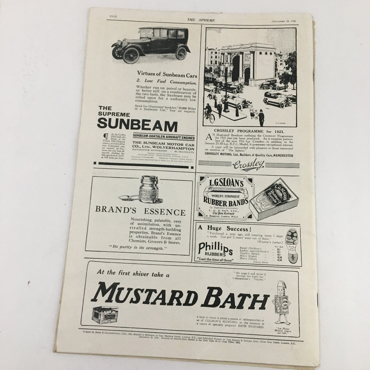 The Sphere Newspaper December 18 1920 A December Scene in St. James Park showcasing advertisements including the Supreme Sunbeam car and Mustard Bath.