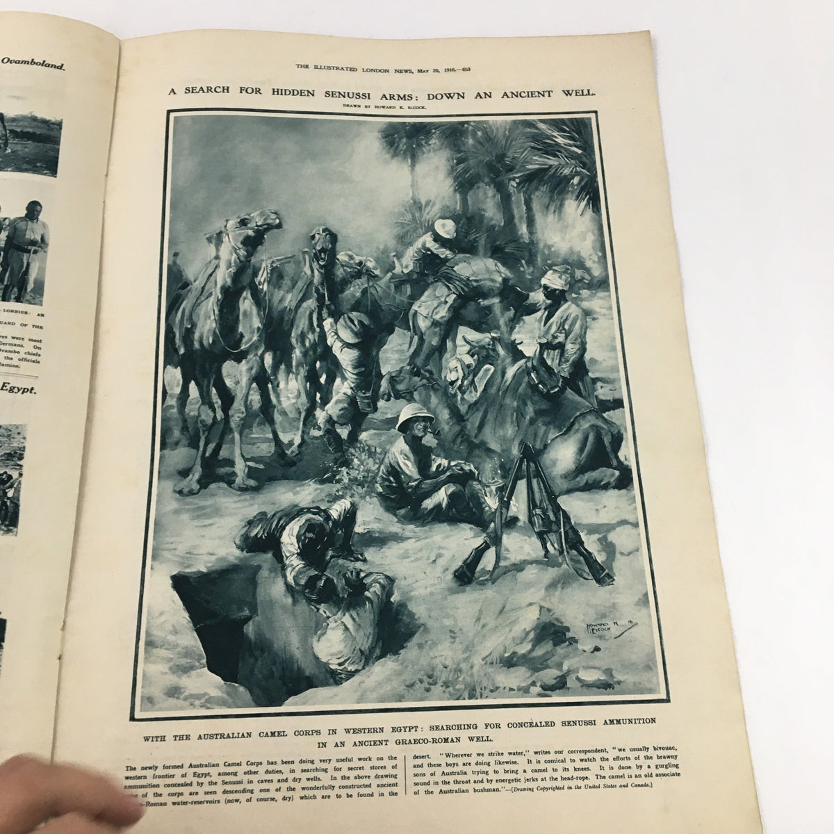 Interior page of The Illustrated London News May 20 1916, depicting a dramatic scene of soldiers in action, titled 'A Search for Hidden Senussi Arms Down an Ancient Well', reflecting the bravery of those during World War I.