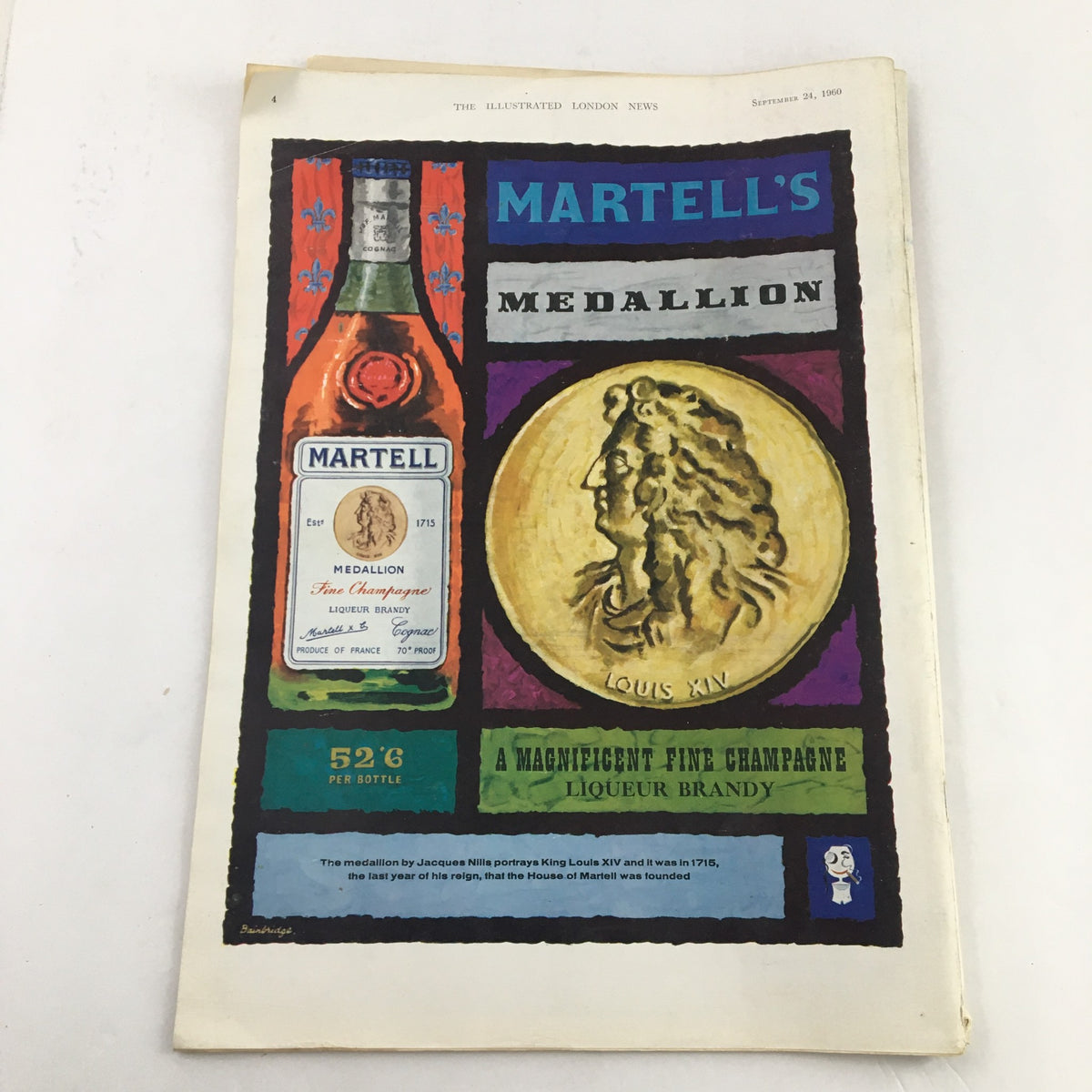 Back cover of The Illustrated London News from September 24, 1960, featuring a colorful advertisement for Martell's Medallion liqueur brandy.