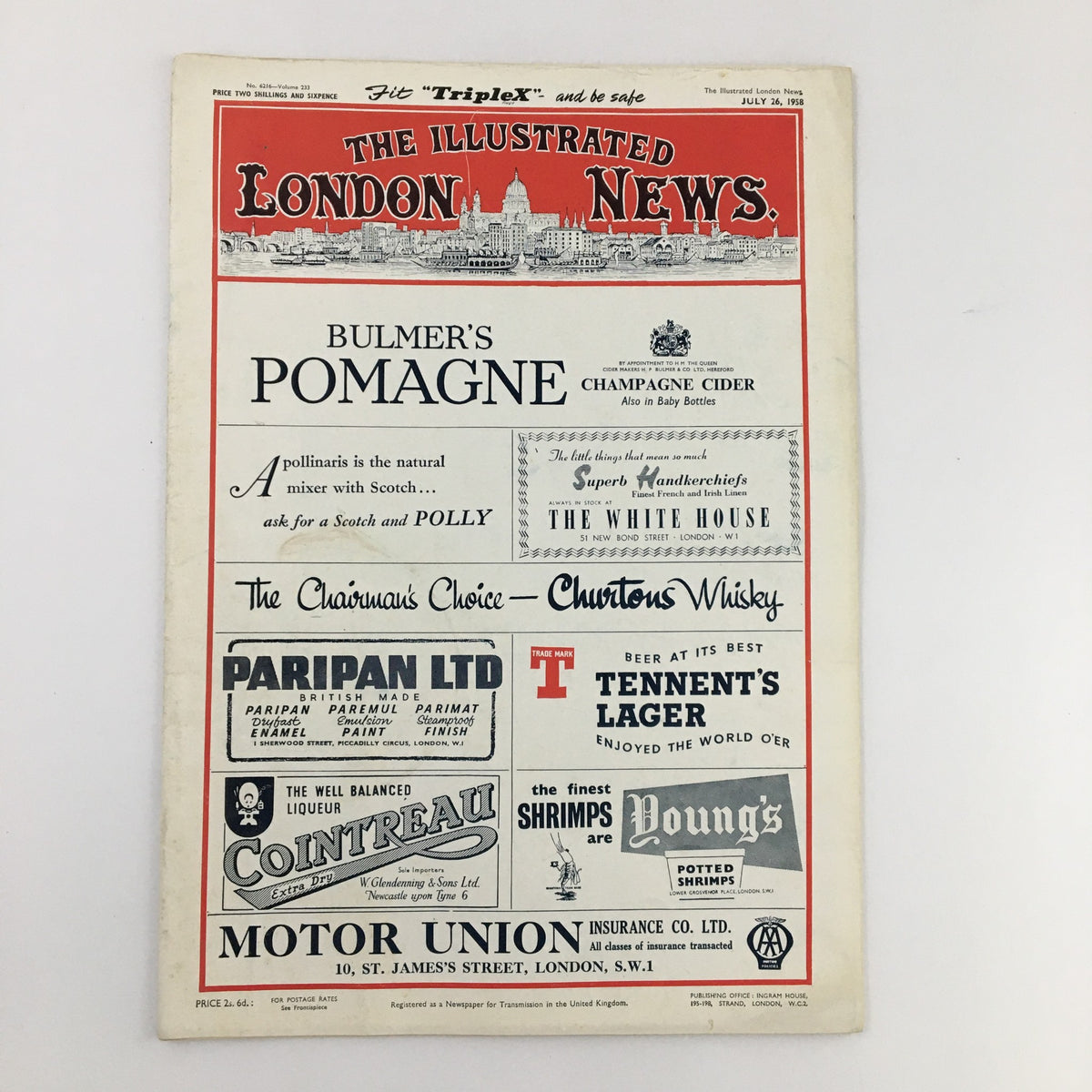 Back cover of The Illustrated London News July 26 1958 featuring advertisements including Bulmer's Pomagne champagne cider and other products.