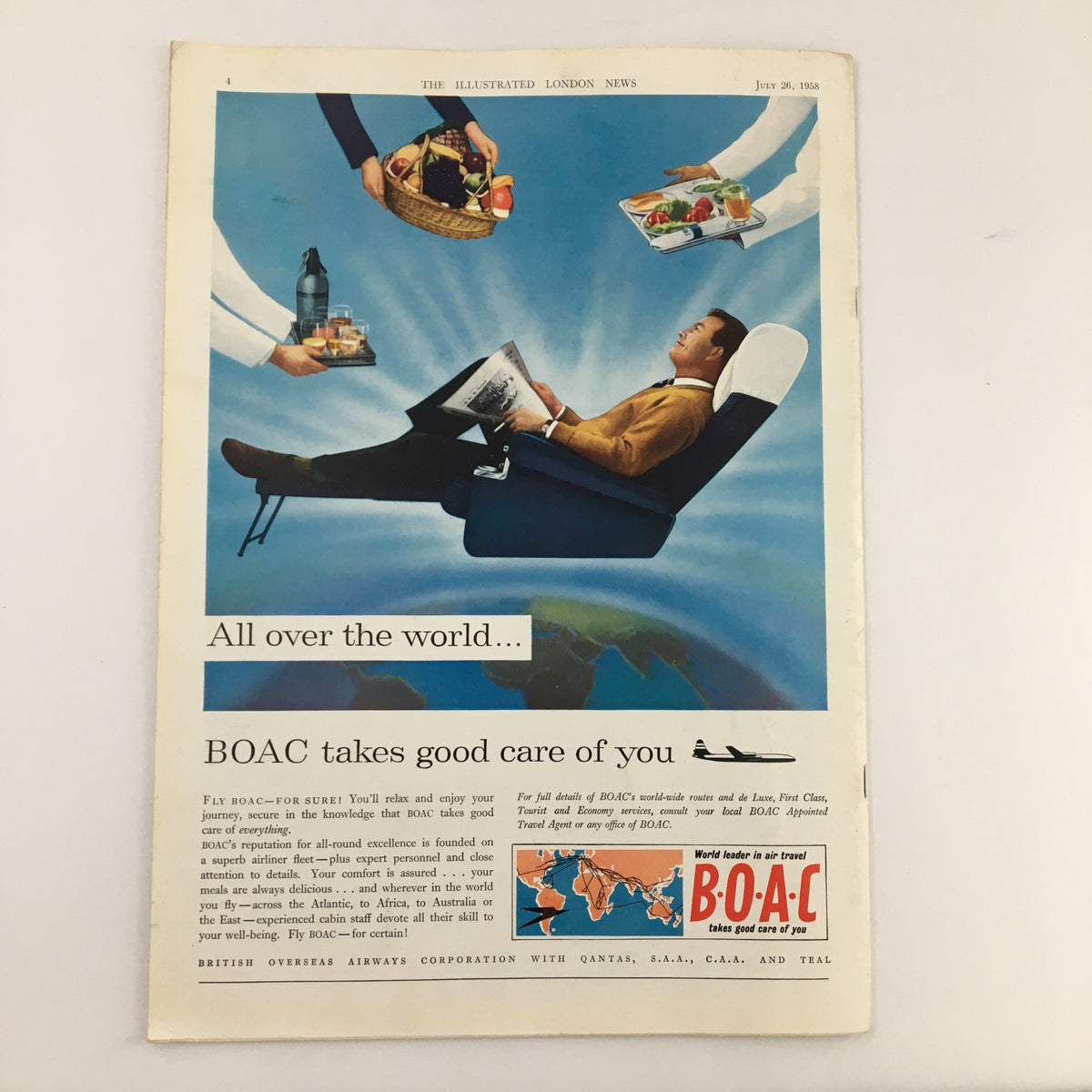 Advertisement page from The Illustrated London News July 26 1958 featuring a BOAC travel promotion with an illustration of a man enjoying a comfortable flight.