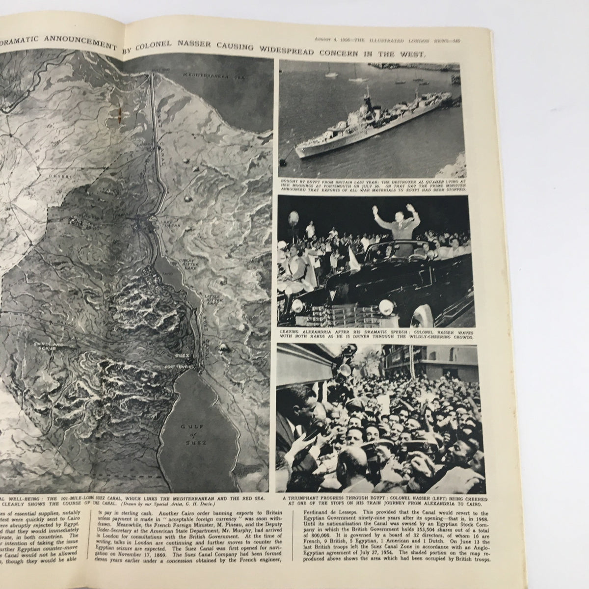 Pages from The Illustrated London News August 4 1956 showing significant events related to Colonel Nasser and the Suez Canal.