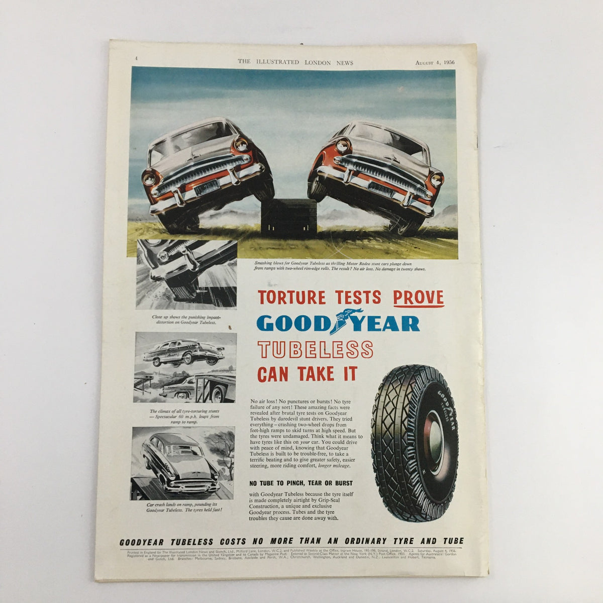 Advertisment section of The Illustrated London News August 4 1956 featuring Goodyear Tubeless tires with test demonstrations.