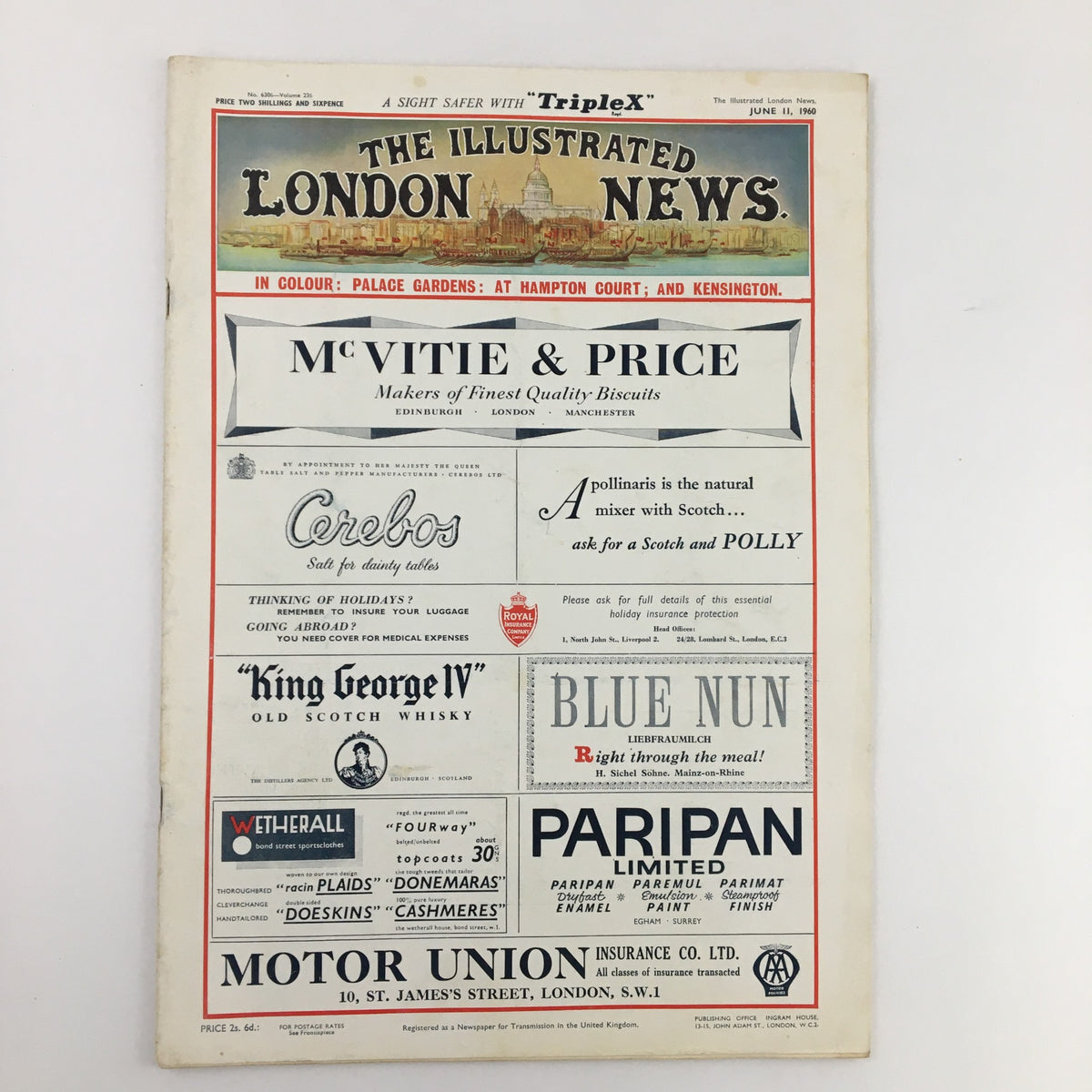 The Illustrated London News June 11 1960 back cover showcasing advertisements including McVitie & Price and King George IV Old Scotch Whisky, representing the vintage commercial design of the era.