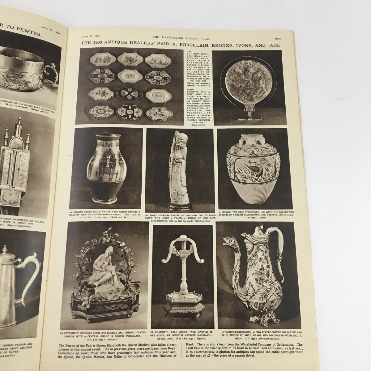 A vintage double-page spread from The Illustrated London News, dated June 11, 1960, showcasing pieces from the 1960 Antique Dealers' Fair, featuring various antiques including porcelain, bronze, ivory, and jade. An informative layout highlights significant artifacts, capturing the essence of historical craftsmanship.