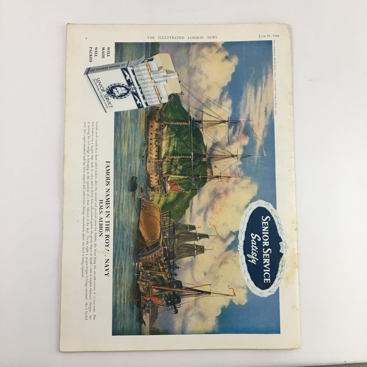 The back cover of The Illustrated London News from June 11, 1960, featuring a vibrant artwork depicting ships and the sea, along with an advertisement for Senior Service cigarettes. This image serves as a nostalgic glimpse into the graphic design of the era.