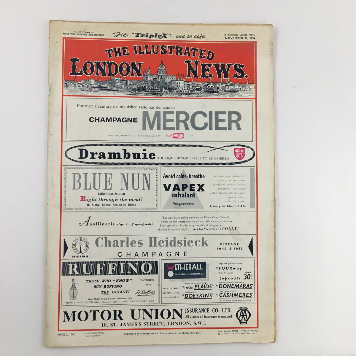 The Illustrated London News November 21 1959 showcasing the front page with advertisements for various products including Mercier champagne.