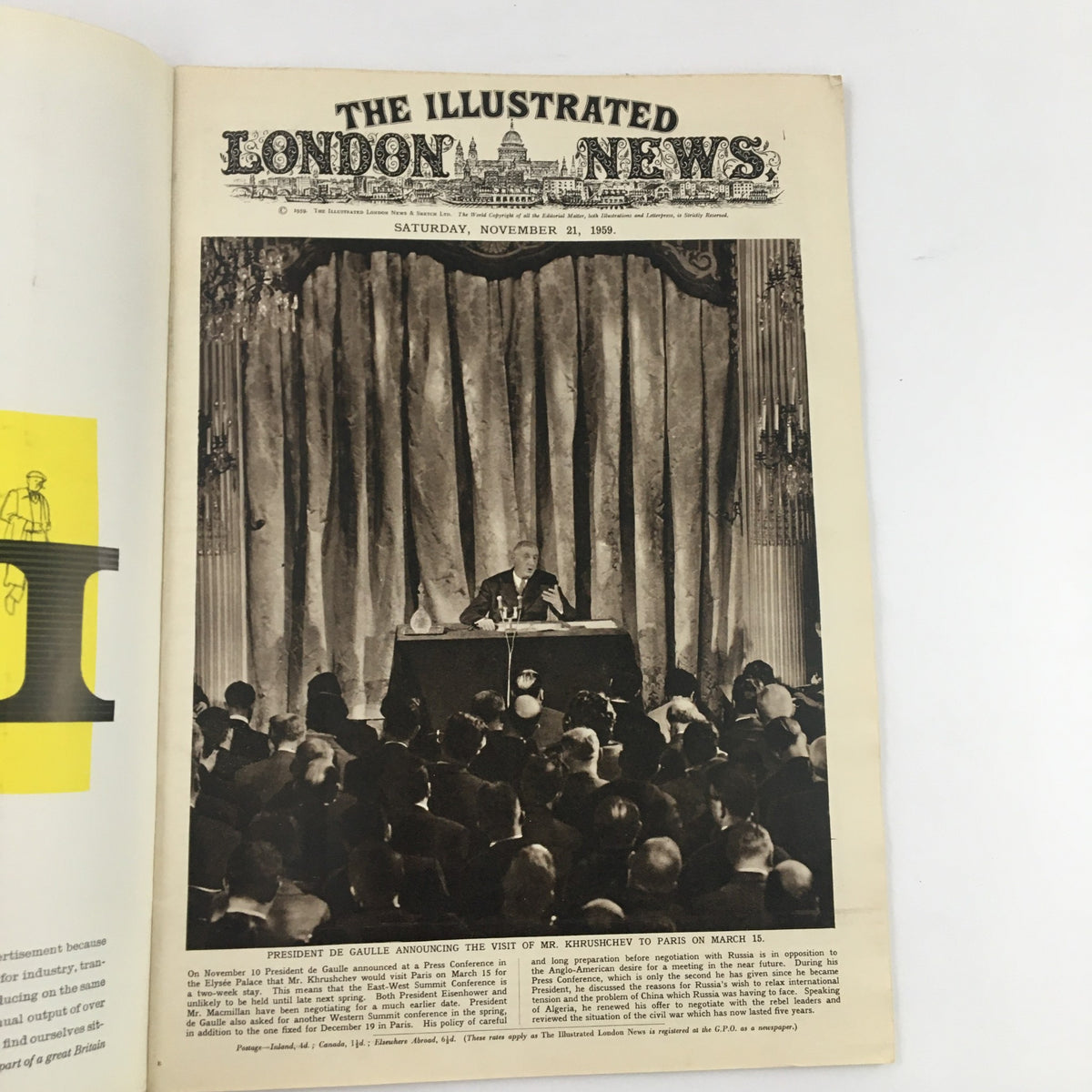 The Illustrated London News November 21 1959 featuring President Charles de Gaulle at a press conference, surrounded by an audience.