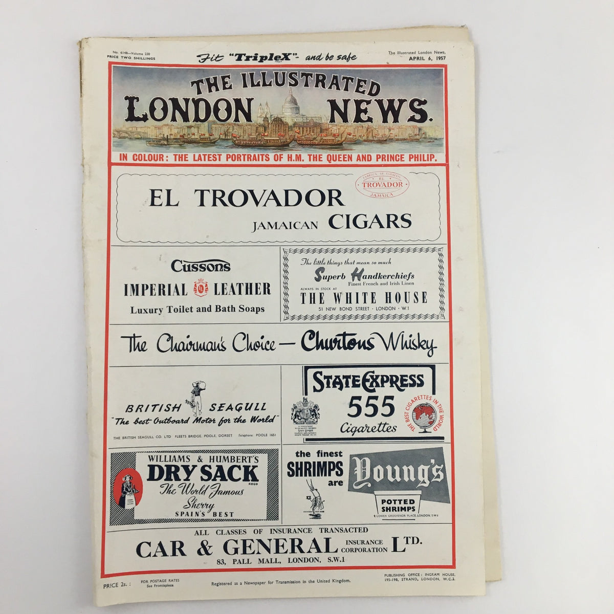 The Illustrated London News April 6 1957, displaying the magazine cover with advertisements and the headline related to the Boat Race event.
