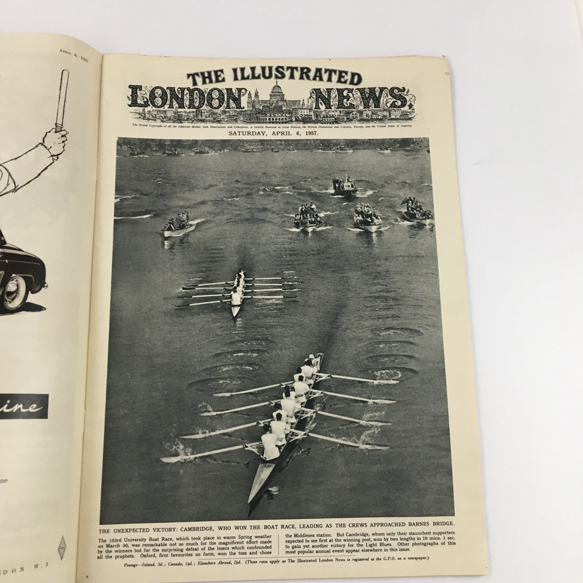 The Illustrated London News April 6 1957, featuring the Boat Race at Barnes, showcasing the Cambridge University crew leading the competition on the Thames.