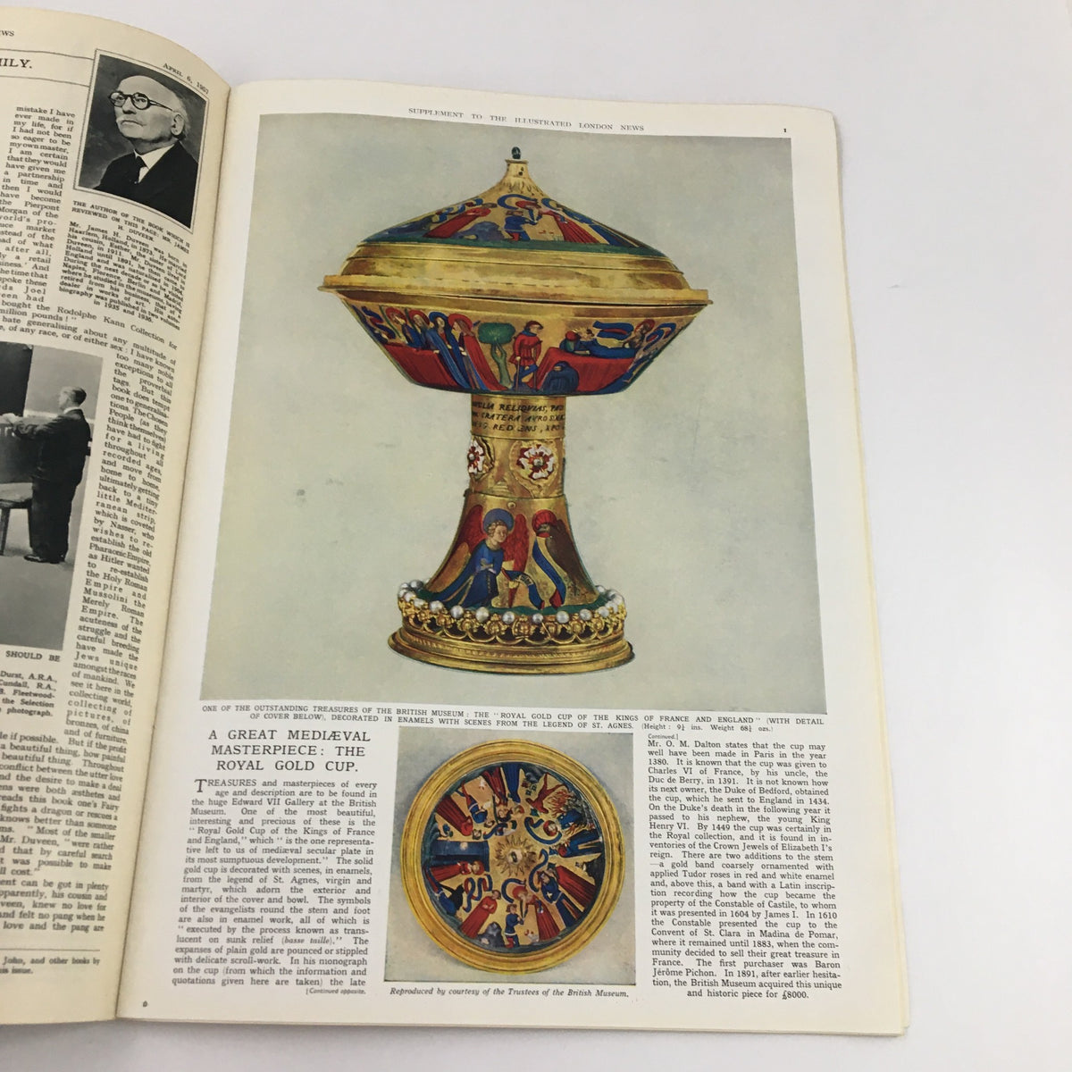 Illustrated London News April 6 1957 featuring a detailed color illustration of the Royal Gold Cup, a medieval treasure from the British Museum, highlighting its artistic significance and historical context.