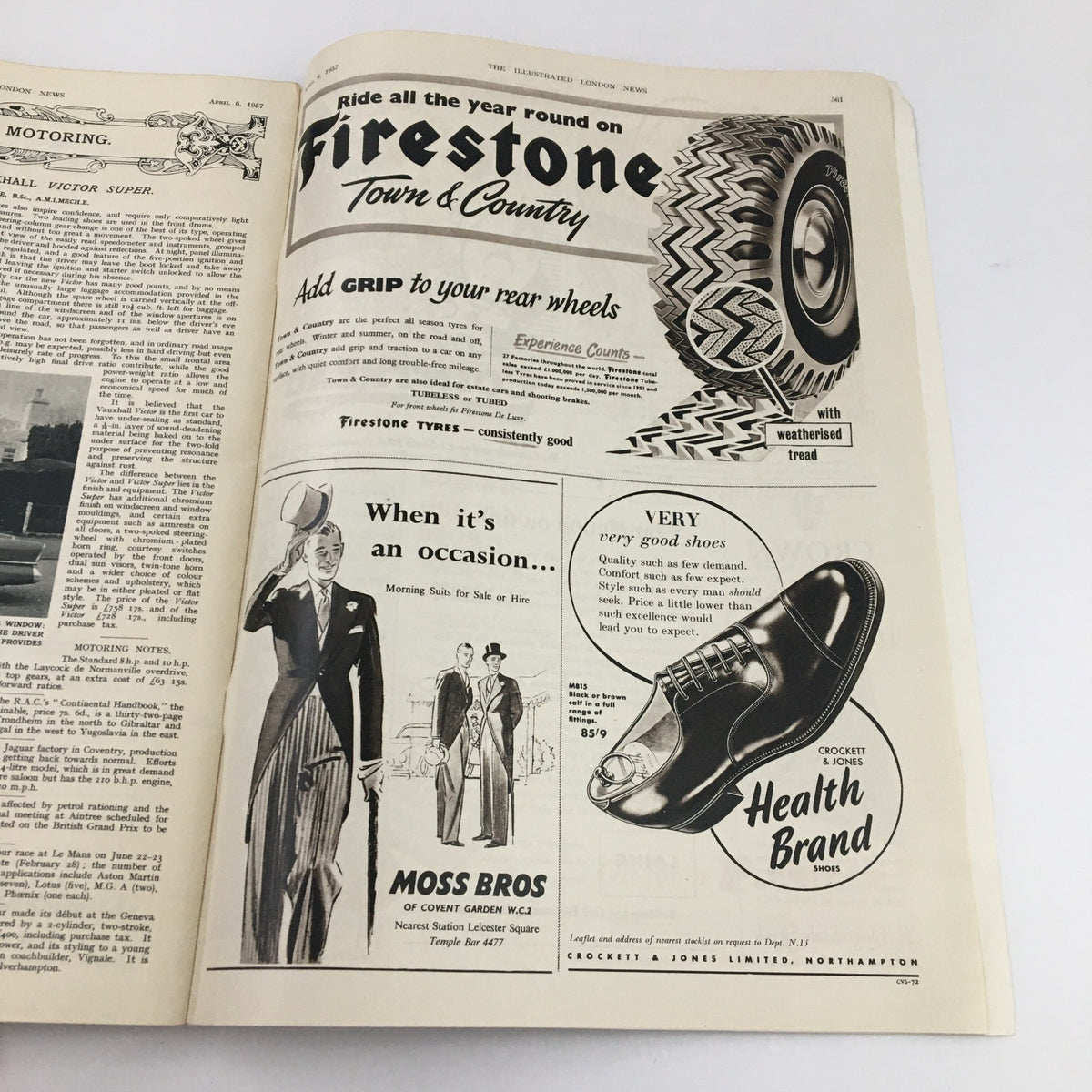 Illustrated London News April 6 1957 showcasing a vintage advertisement for Firestone Town & Country tyres, emphasizing quality and performance features alongside images of stylish attire from Moss Bros.