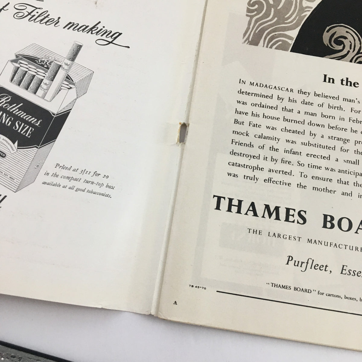 Illustrated London News April 6 1957 presenting an advertisement for Botham's Filter making cigarettes along with a narrative about an intriguing story from Madagascar, linking it to the Thames Board product.