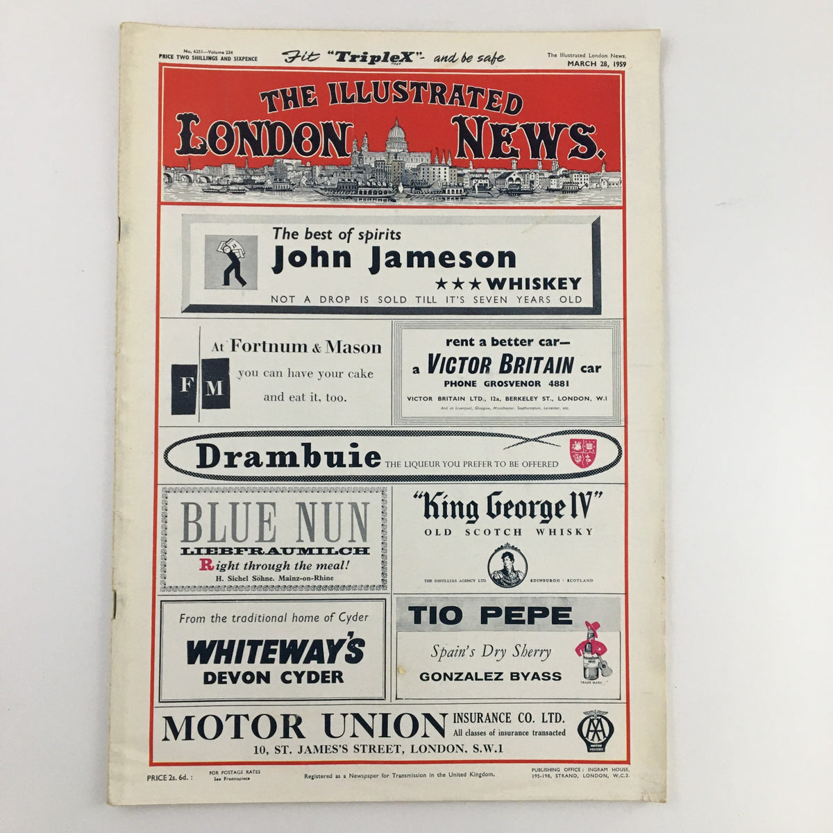 The Illustrated London News March 28 1959, highlighting advertisements and layout, providing a glimpse into vintage publishing and historical perspectives.