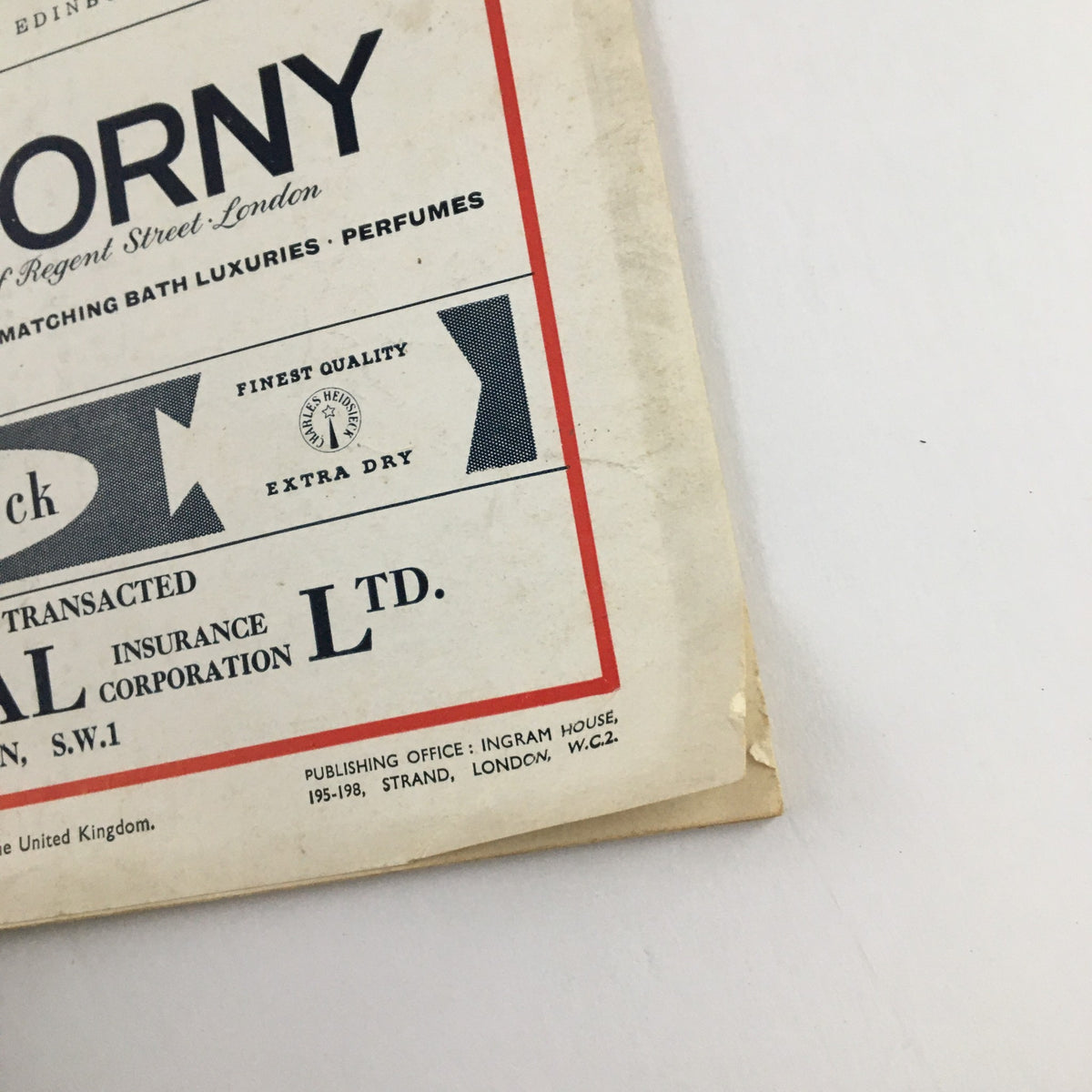 Cover detail of The Illustrated London News August 23 1958 featuring retro advertising for bath luxuries, titled 'Royal Signature in Royal Dimensions'.