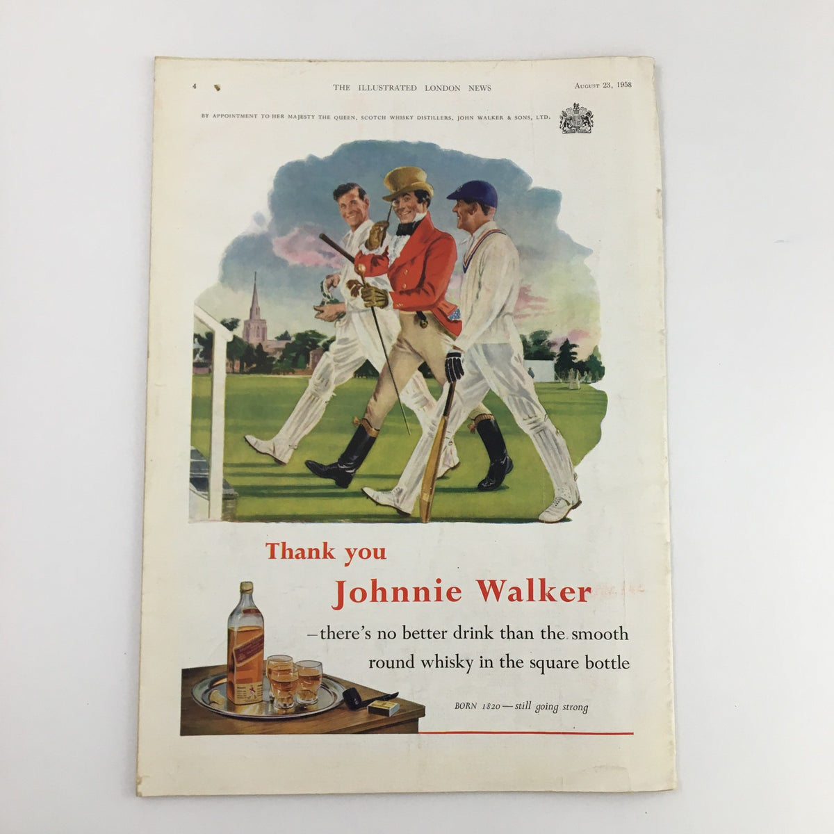 Advertisement page from The Illustrated London News August 23 1958, promoting Johnnie Walker whisky with a colorful cricket scene, part of the 'Royal Signature in Royal Dimensions' edition.