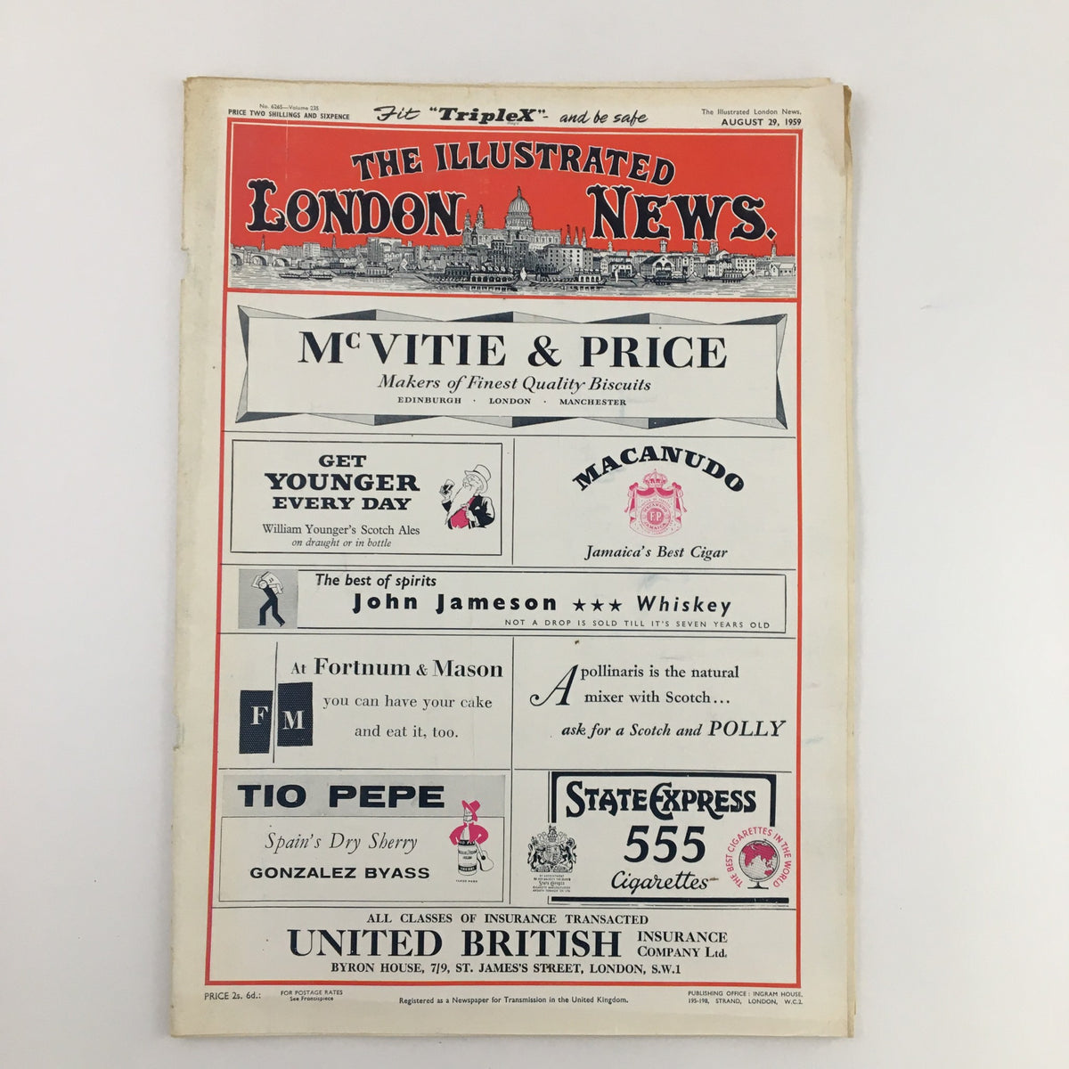 The Illustrated London News August 29 1959 cover page highlighting advertisements, including McVitie & Price, and showcasing the publication's vintage design.