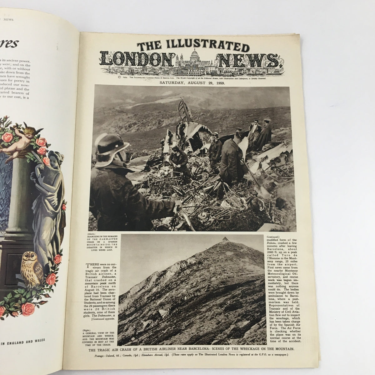 The Illustrated London News August 29 1959 featuring an article on the tragic crash of a British airliner near Barcelona, displaying images of the wreckage and rescue efforts.