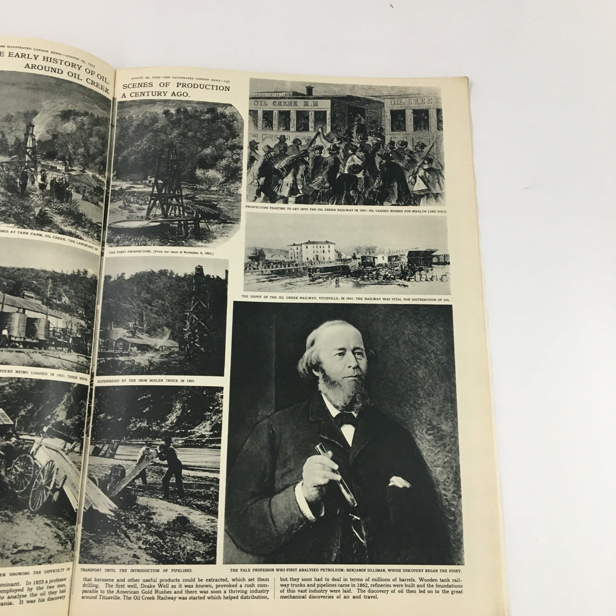 The Illustrated London News August 29 1959 showcasing historical imagery related to oil production, depicting scenes and individuals from a century ago.