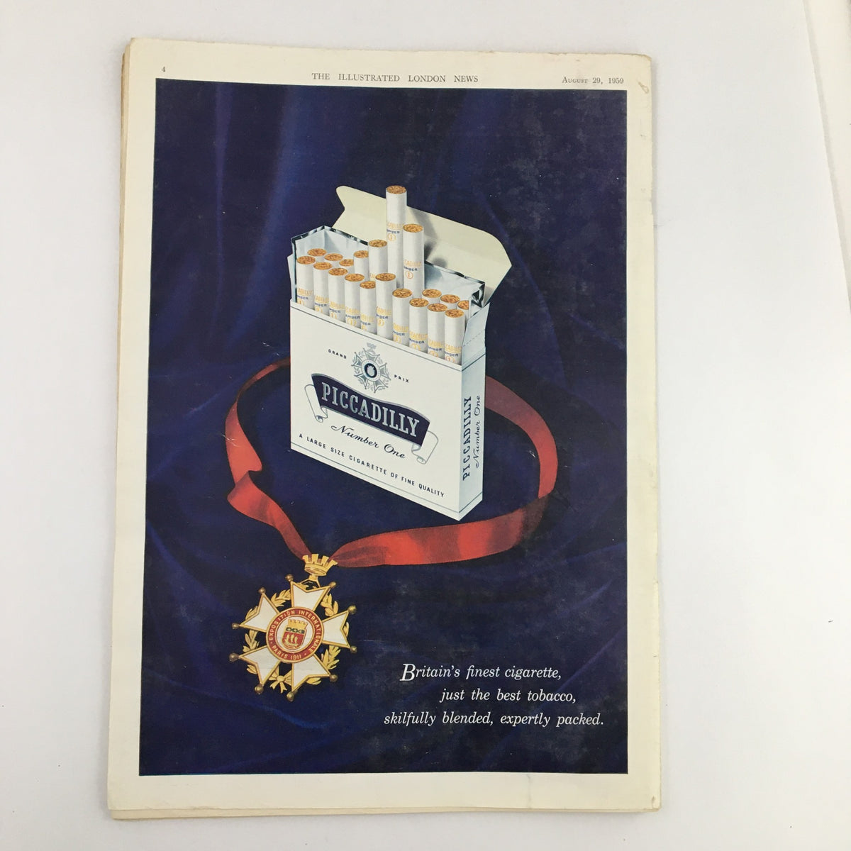The Illustrated London News August 29 1959 cover featuring an advertisement for Piccadilly cigarettes, highlighting Britain's finest tobacco with a prominent medal display.
