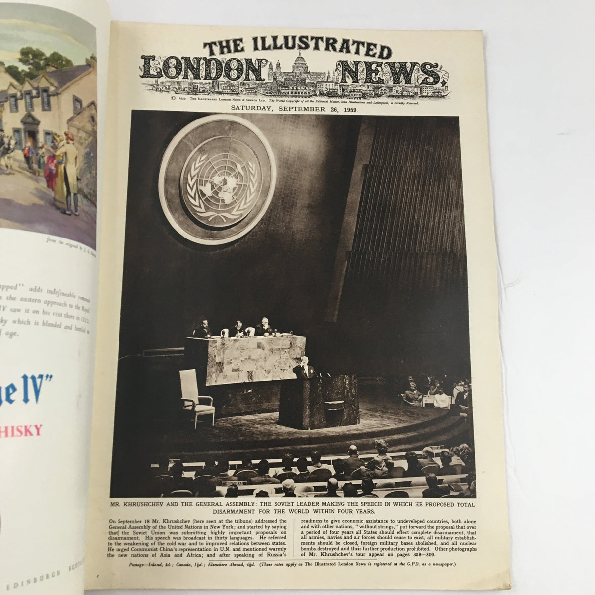 Cover of The Illustrated London News September 26, 1959, featuring Nikita Khrushchev speaking at the General Assembly, highlighting a historical moment in Cold War politics.
