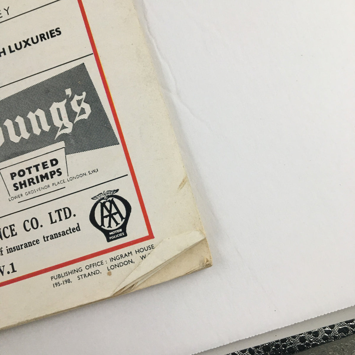 Close-up of an advertisement for Young's Potted Shrimps in The Illustrated London News September 26, 1959, reflecting mid-20th century branding.