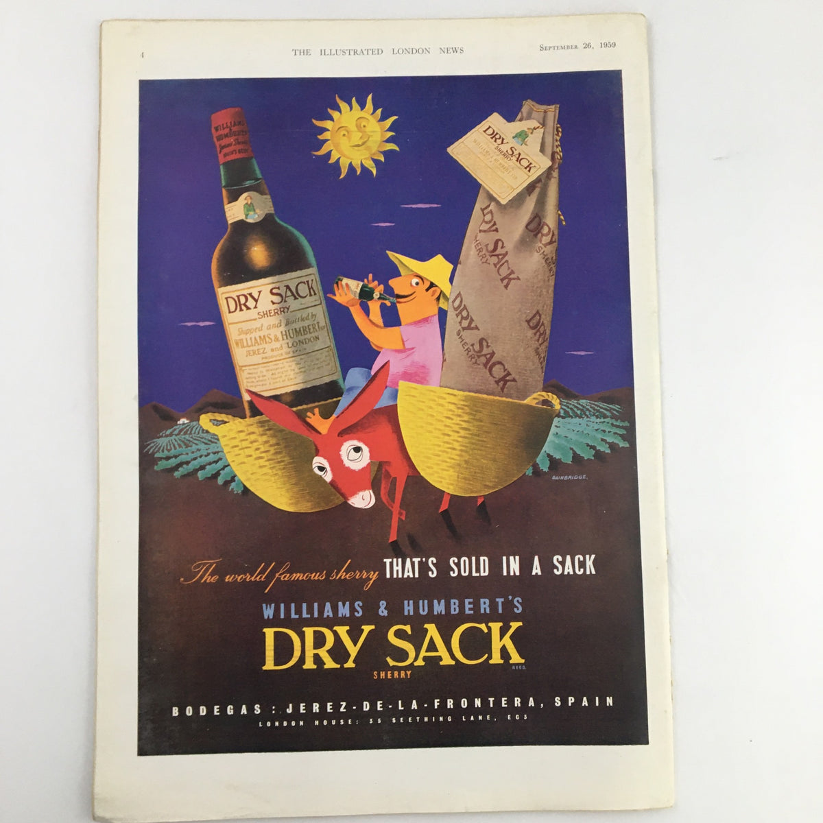 Cover of The Illustrated London News from September 26, 1959, featuring an artistic advertisement for Williams & Humbert's Dry Sack Sherry, showcasing a colorful illustration with a bottle and a character, emphasizing vintage advertising from the era.
