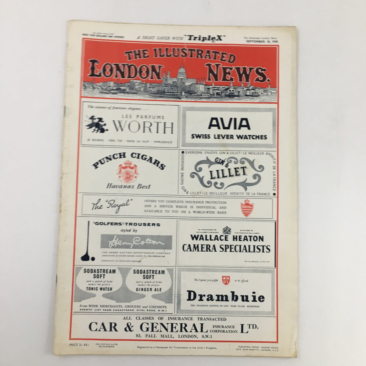 Back cover of The Illustrated London News, September 10, 1960, featuring vintage advertisements. This issue highlights the Farnborough Show and its cultural significance in aviation history.