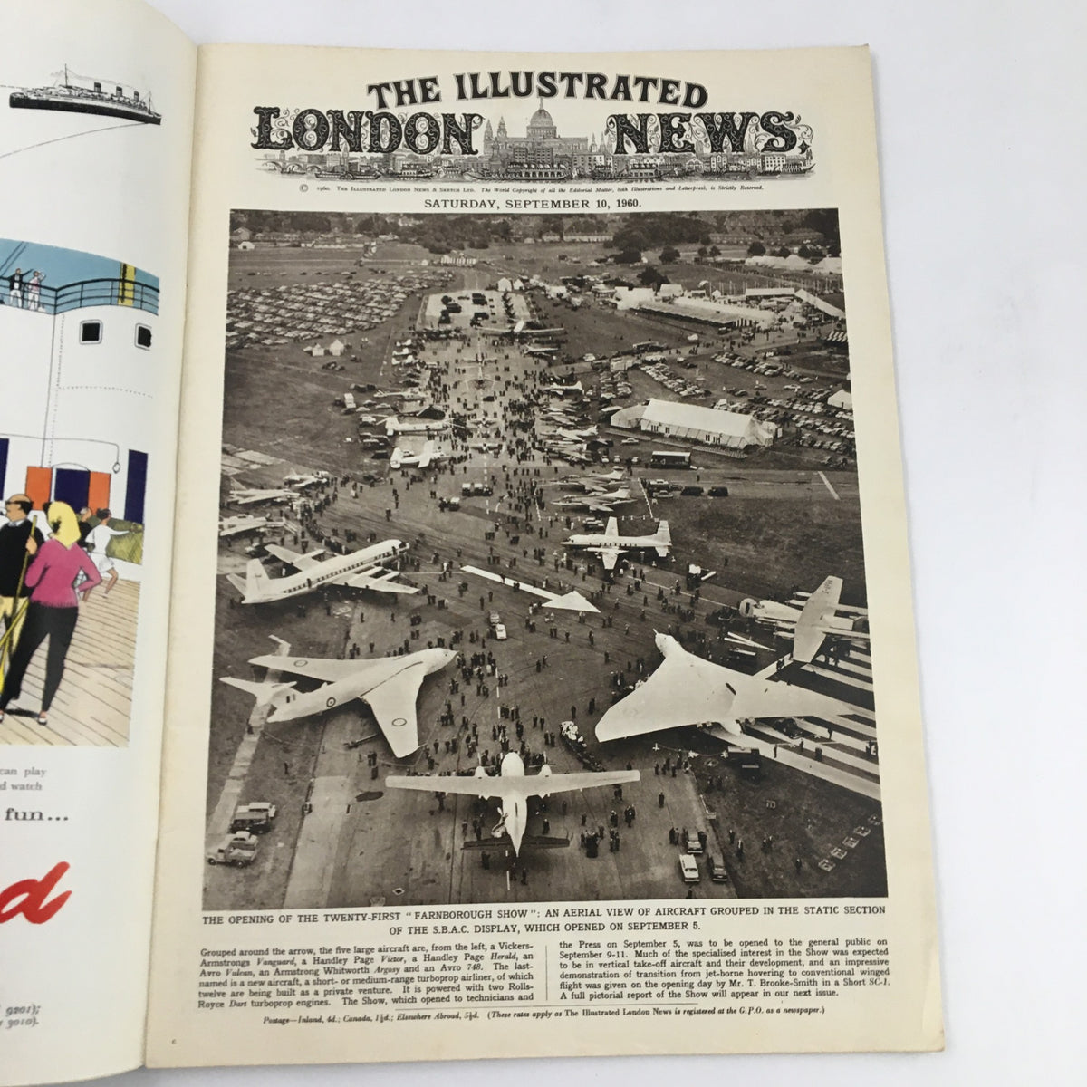 Aerial view of the Farnborough Show on the cover of The Illustrated London News, September 10, 1960. The image depicts various aircraft on display, with attendees exploring the event.
