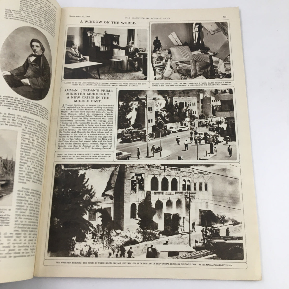 A historical spread from The Illustrated London News dated September 10, 1960, featuring a segment titled 'A Window on the World' that reports on news including political events and crises in the Middle East. This page captures the essence of the publication during a significant time in history.