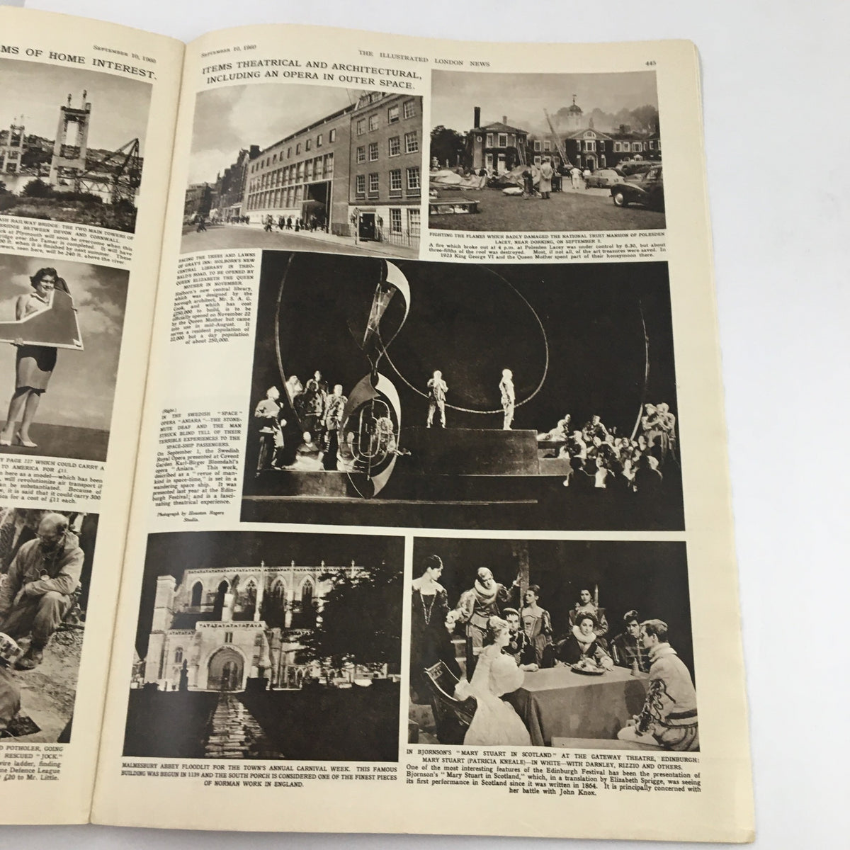 A detailed spread from The Illustrated London News, September 10, 1960, showcasing various items of theatrical and architectural interest, including a performance and items related to cultural events of that era. This page reflects the artistic achievements of the time.