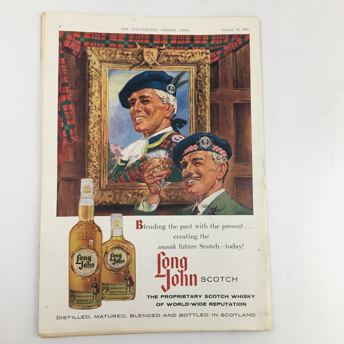 Illustrated London News October 10, 1959, showcasing an advertisement for Long John Scotch whisky, featuring two men in traditional Scottish attire.