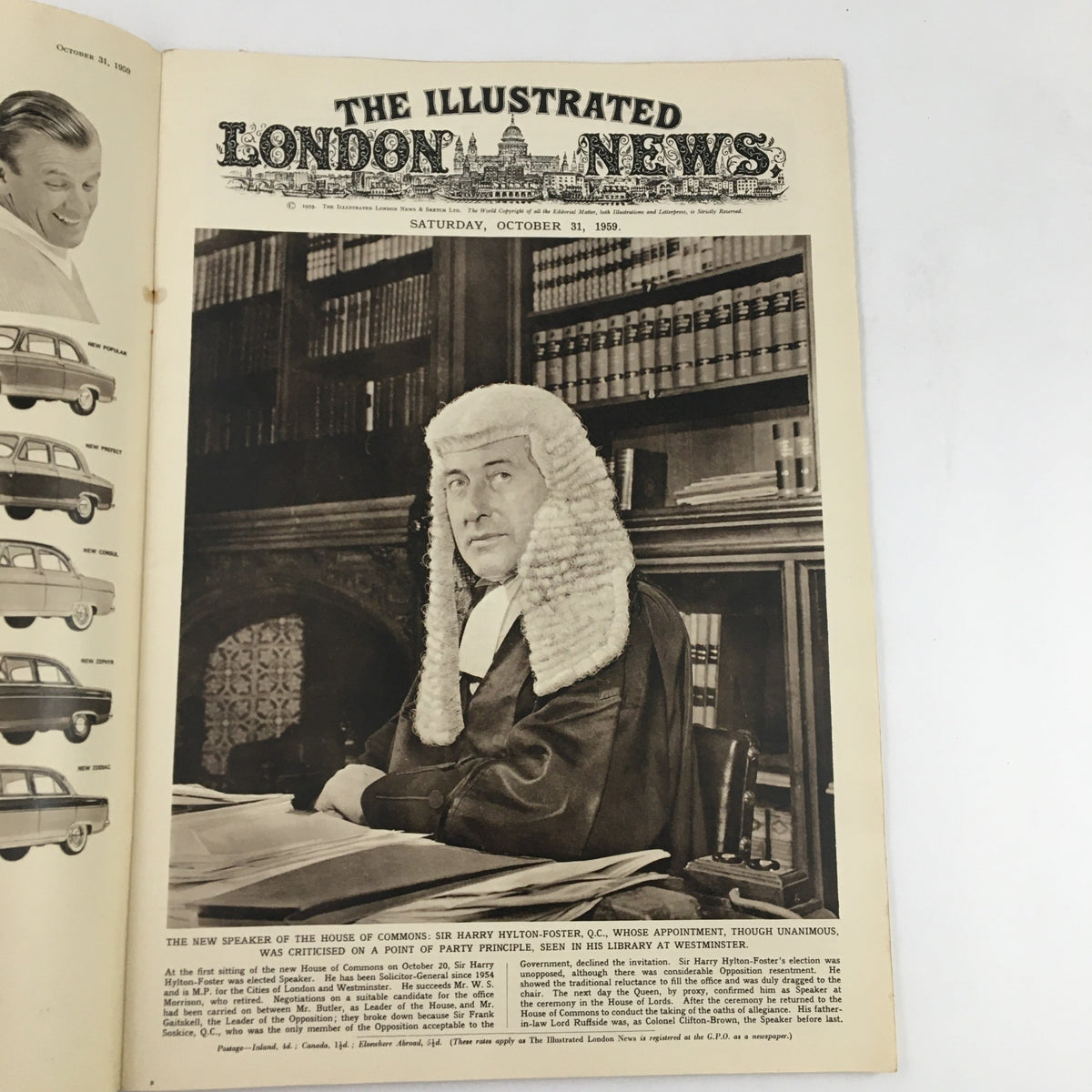 Cover of The Illustrated London News, October 31, 1959, featuring Sir Harry Hylton-Foster, Q.C., in a lawyer's wig, seated at a desk in a library filled with books.