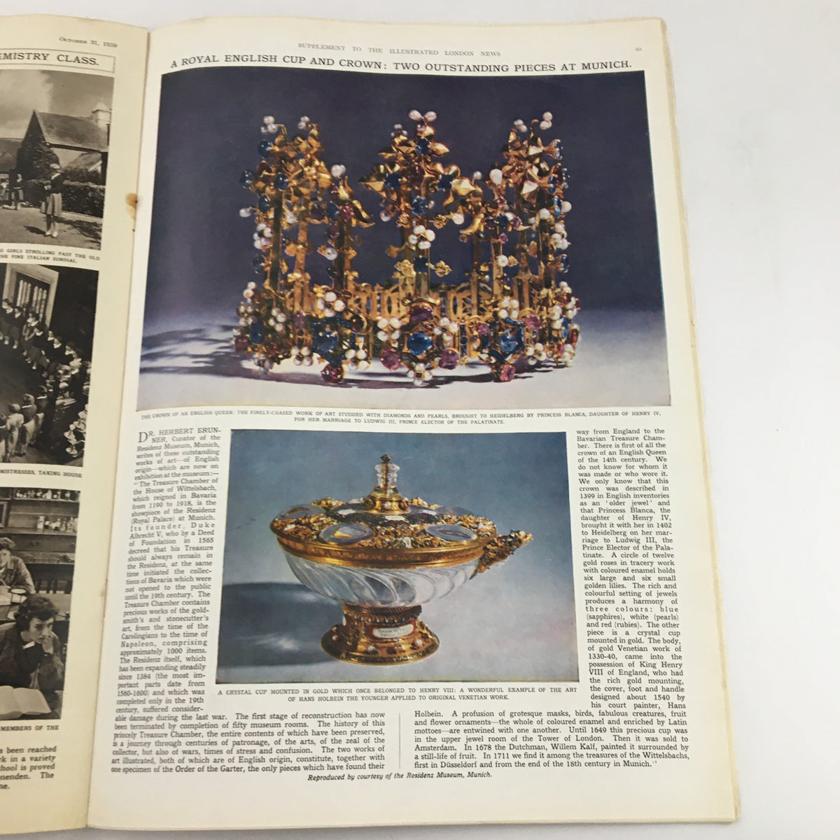 Images of a royal English cup and crown featured in The Illustrated London News, October 31, 1959, highlighting exquisite craftsmanship and jewels.