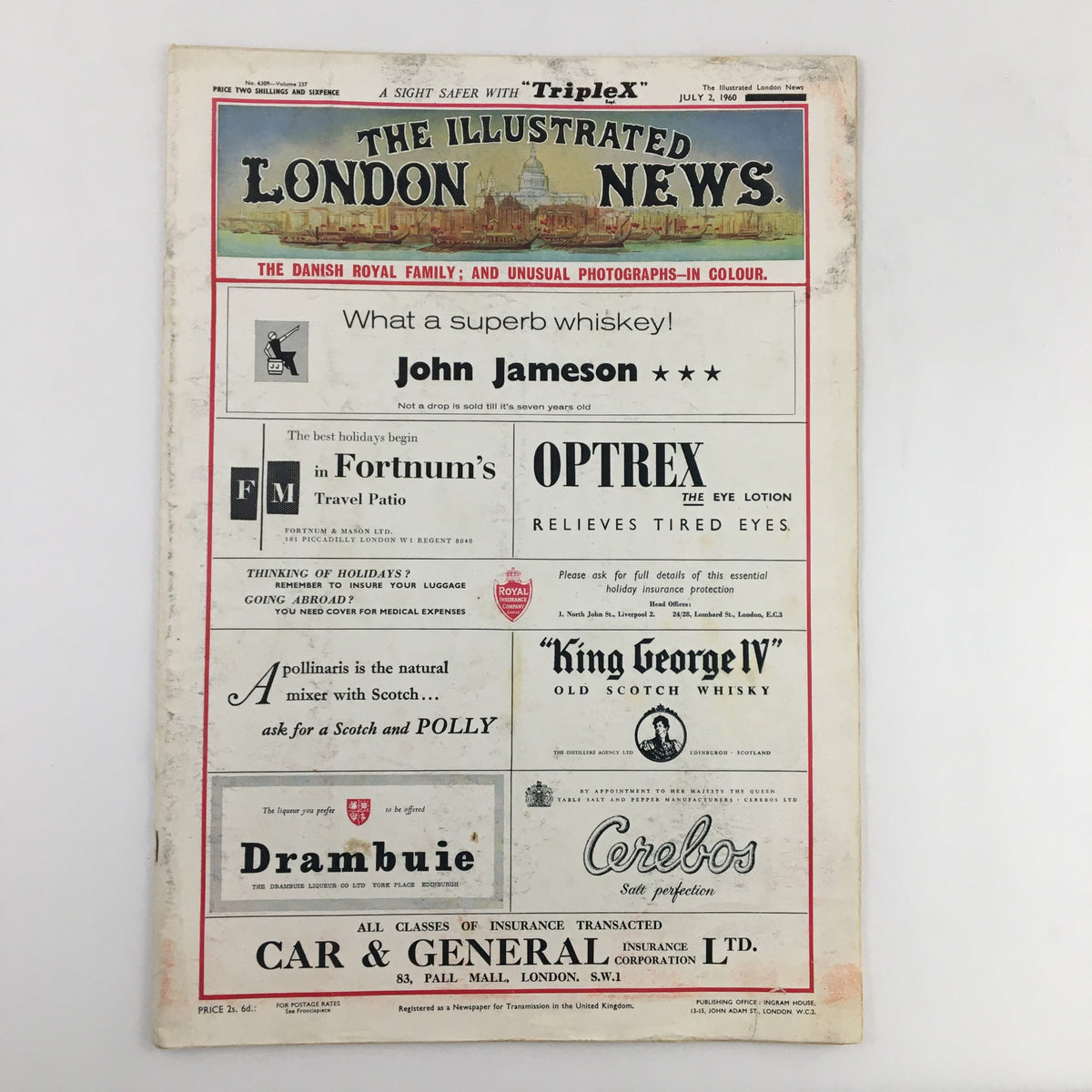 Cover of The Illustrated London News July 2, 1960 featuring articles on the Danish Royal Family and unusual photographs in color.