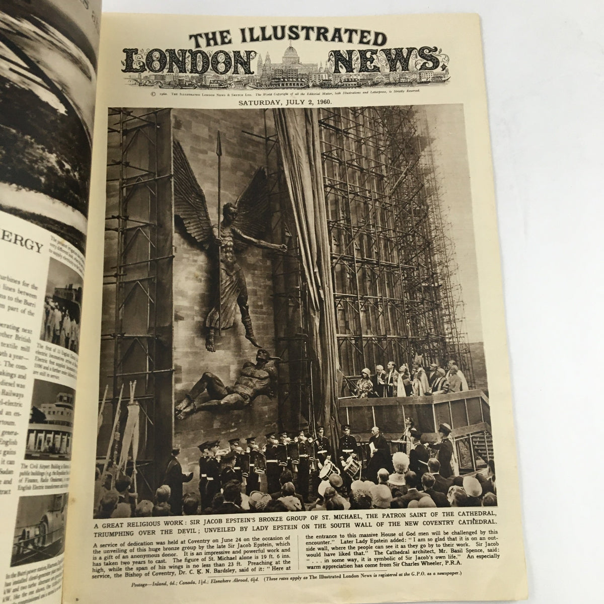 A historic image from The Illustrated London News, July 2, 1960, featuring Sir Jacob Epstein's Bronze Group of St. Michael unveiled at the Coventry Cathedral, showcasing a moment in cultural and artistic history.