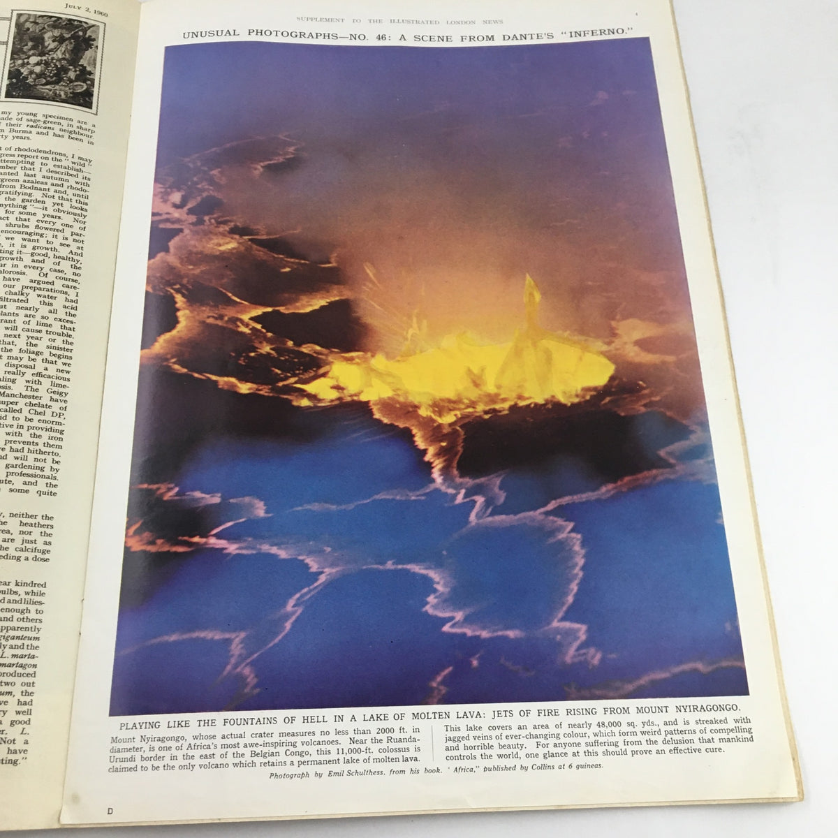 Interior page of The Illustrated London News July 2, 1960 with a stunning photograph of molten lava jets from Mount Nyiragongo.