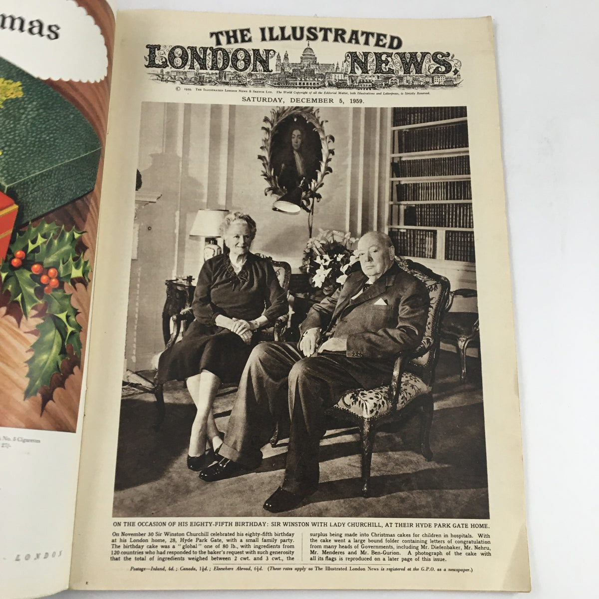 The Illustrated London News December 5 1959 featuring Sir Winston Churchill and Lady Churchill sitting in a room, celebrating Churchill's eighty-fifth birthday.