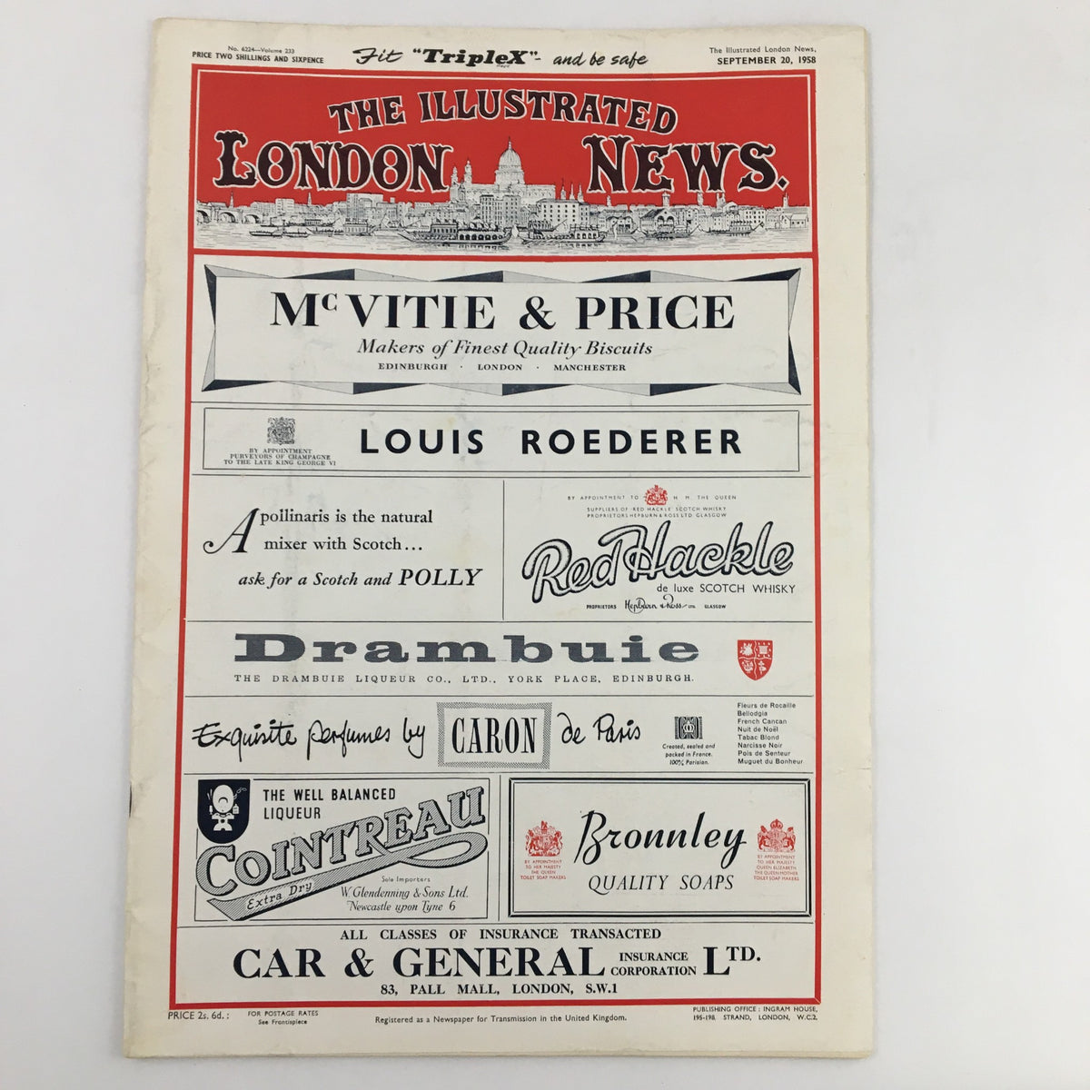 Cover of The Illustrated London News, September 20, 1958, featuring ads and illustrations related to that era, including biscuits, whiskey, and perfumes.