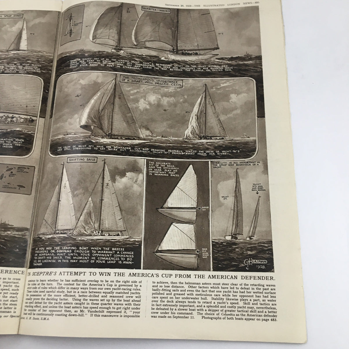 Interior page of The Illustrated London News, September 20, 1958, featuring illustrations of sailing boats and discussion on the America's Cup.